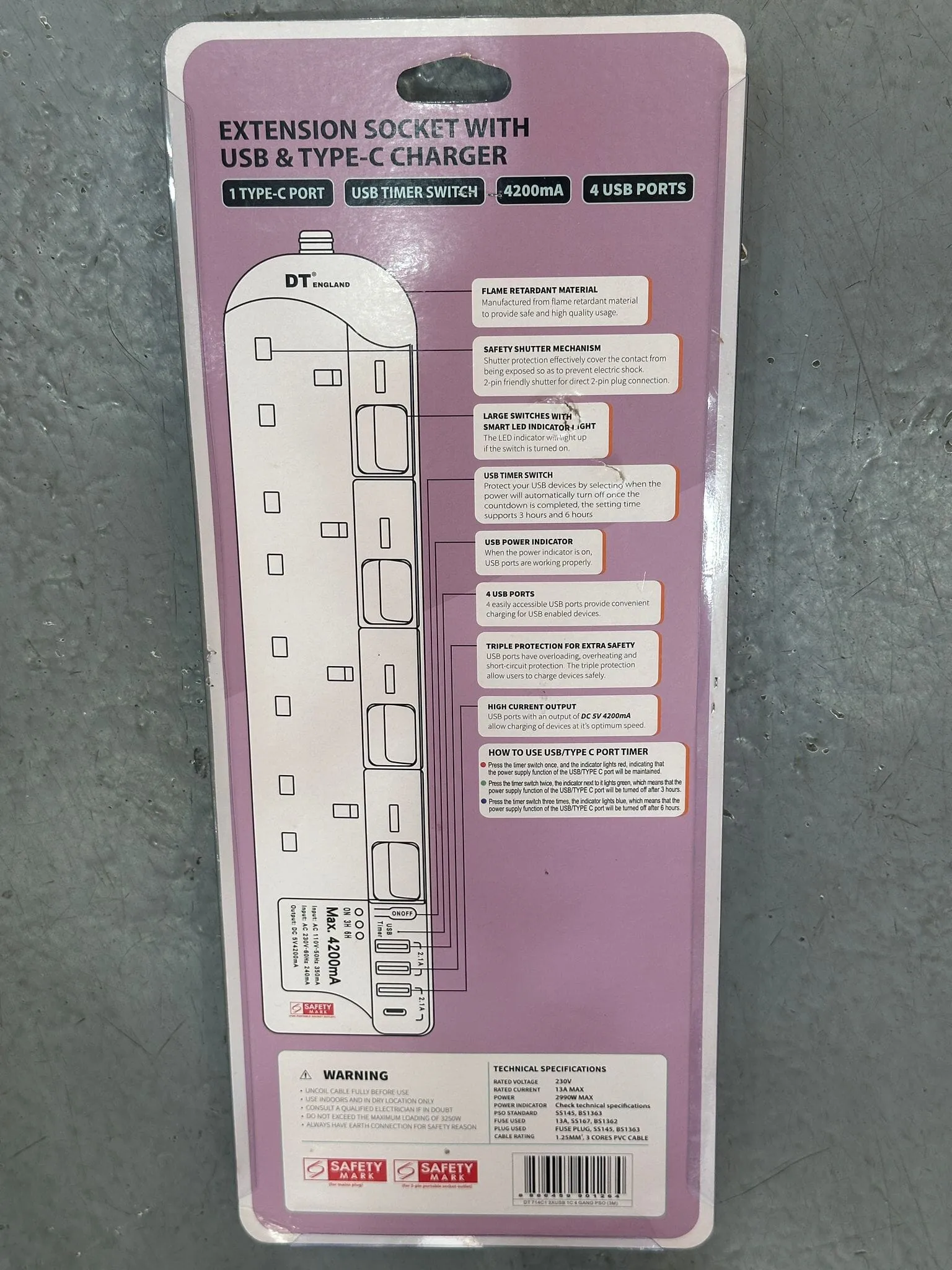 DT England 4way 3m Extension Socket With 3 USB and 1 Type C Port Charger (DT714C1) | Model : ESK-SU924C