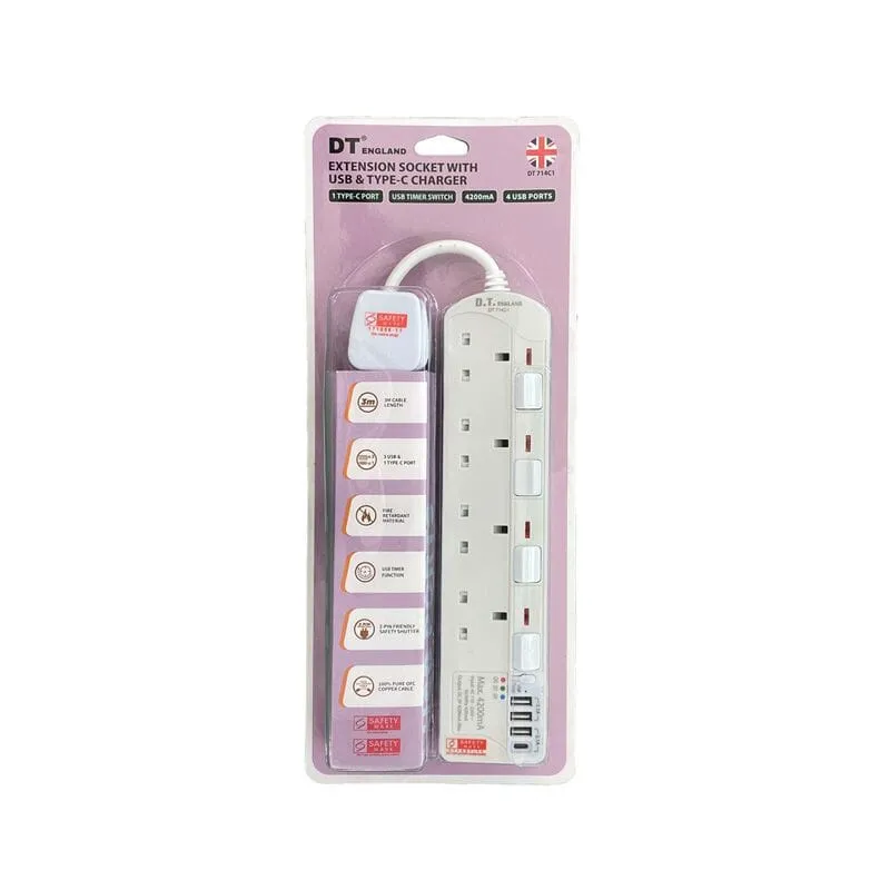 DT England 4way 3m Extension Socket With 3 USB and 1 Type C Port Charger (DT714C1) | Model : ESK-SU924C