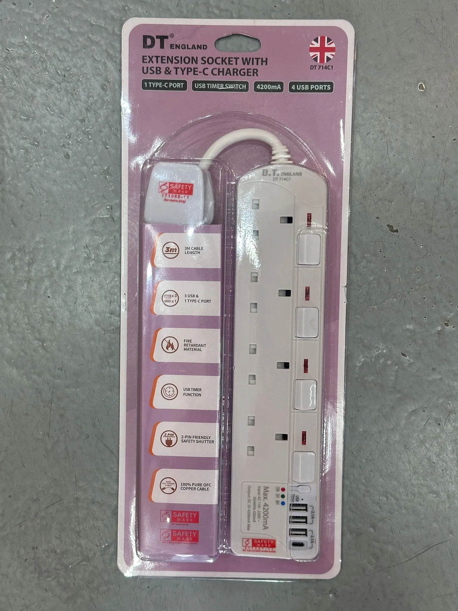 DT England 4way 3m Extension Socket With 3 USB and 1 Type C Port Charger (DT714C1) | Model : ESK-SU924C