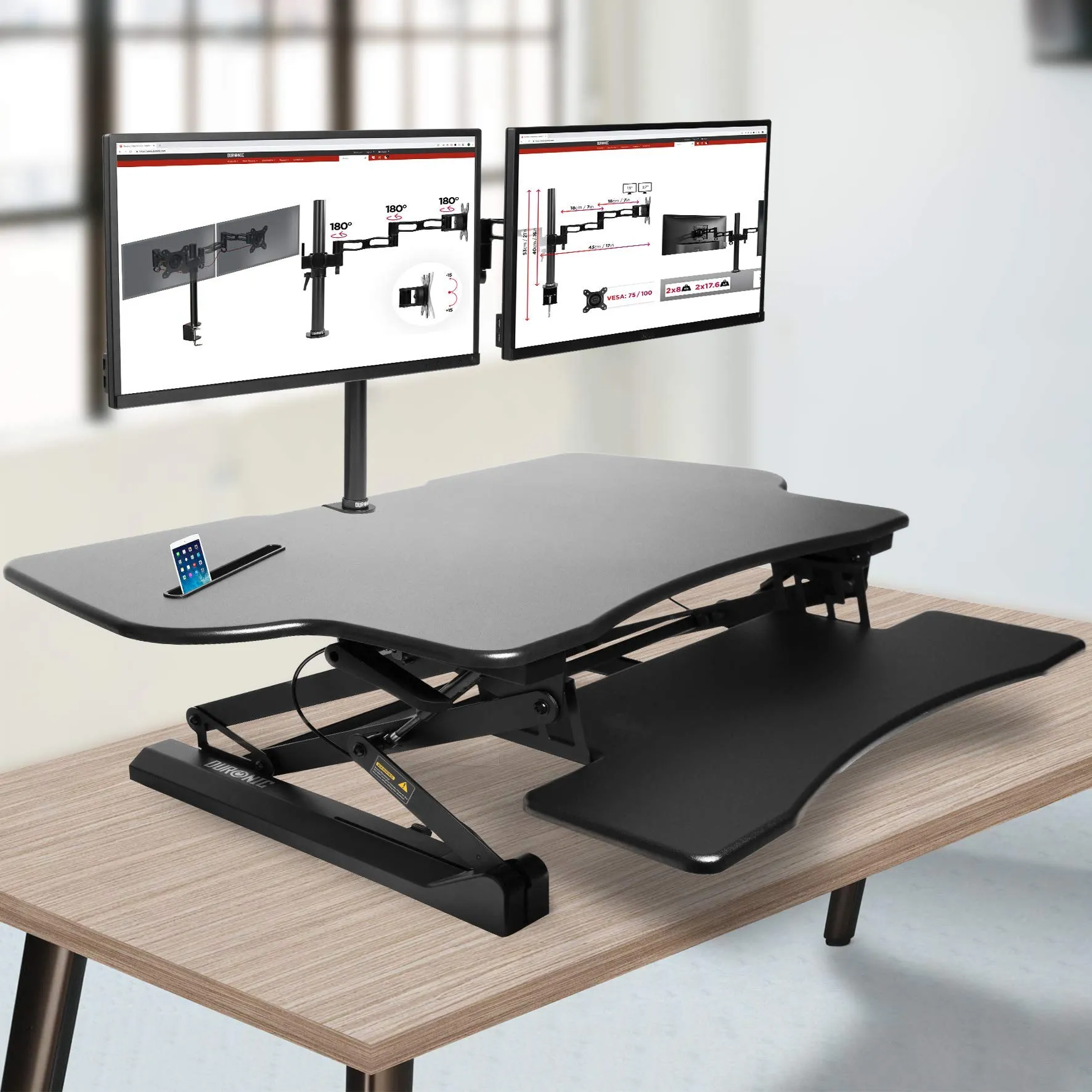 Duronic Sit-Stand Desk DM05D4 | Height Adjustable Office Workstation | 120x59cm Platform | Raises from 15-50cm | Riser for PC Computer Screen, Keyboard, Laptop | Ergonomic Desktop Table Converter