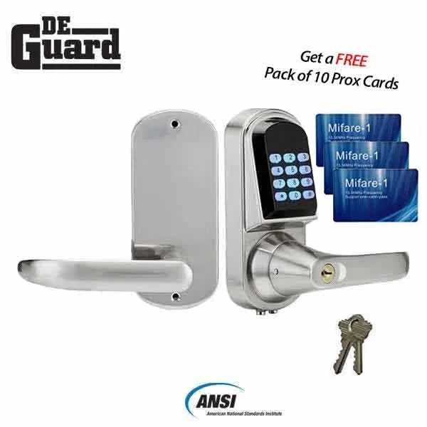 Electronic Lever Set – SS – Satin Silver – w/ Programmable Prox Card & Key Override- 10 FREE Prox Cards (BUNDLE)