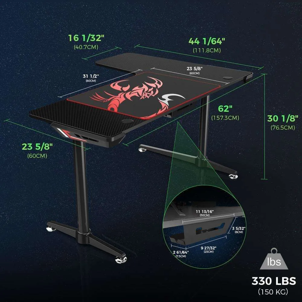 Eureka Ergonomic Black L-Shaped L60 Gaming Computer Table, ERK-L60-B