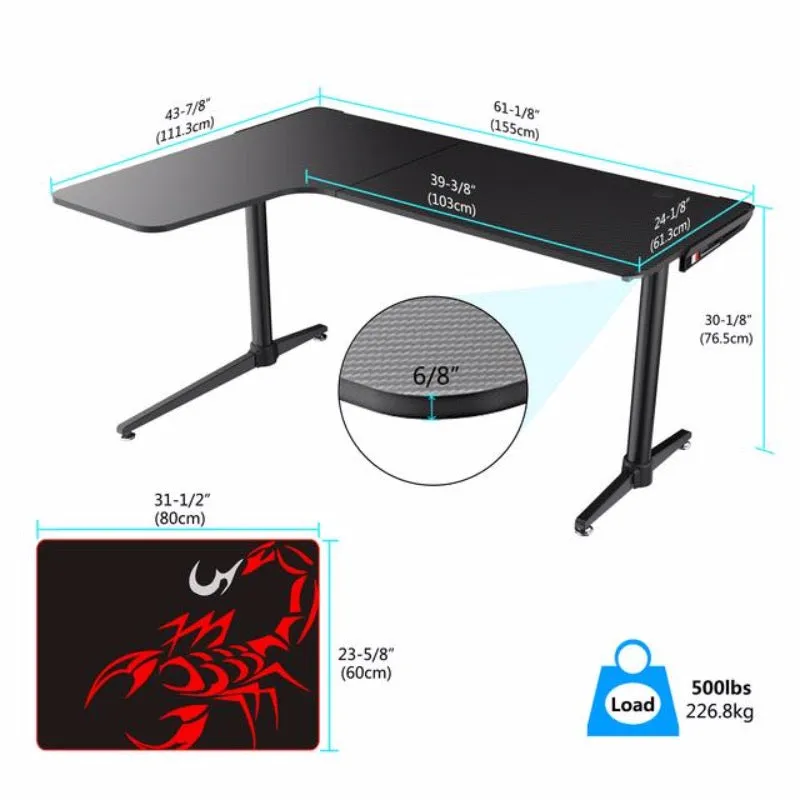 Eureka Ergonomic Black L-Shaped L60 Gaming Computer Table, ERK-L60-B