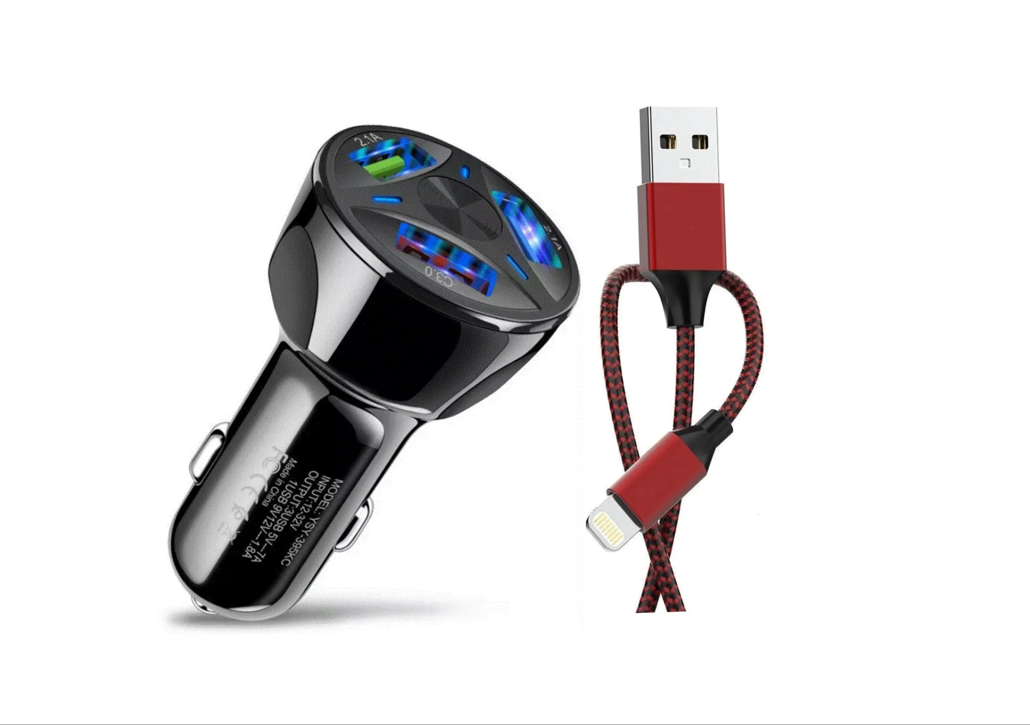 Fast 7A 3-Port USB Car Charger & Durable iPhone Cable Combo