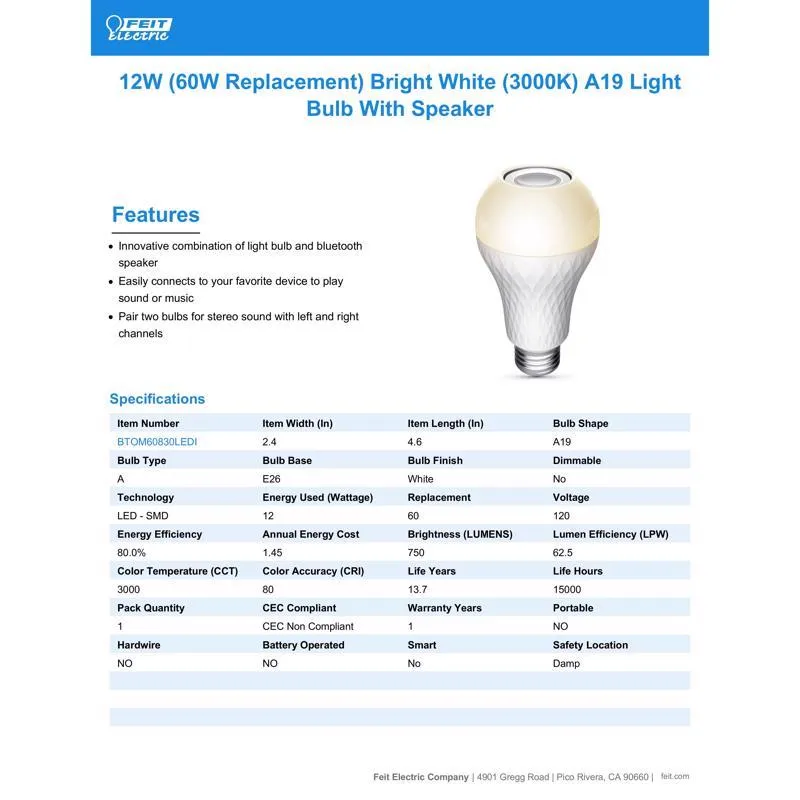 Feit LED Smart A19 E26 (Medium) LED Speaker Bulb Bright White 60 Watt Equivalence 1 pk