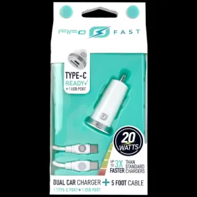 Fifo Dual Car Charger C to C Type 5 ft - USB-C Port   1 USB