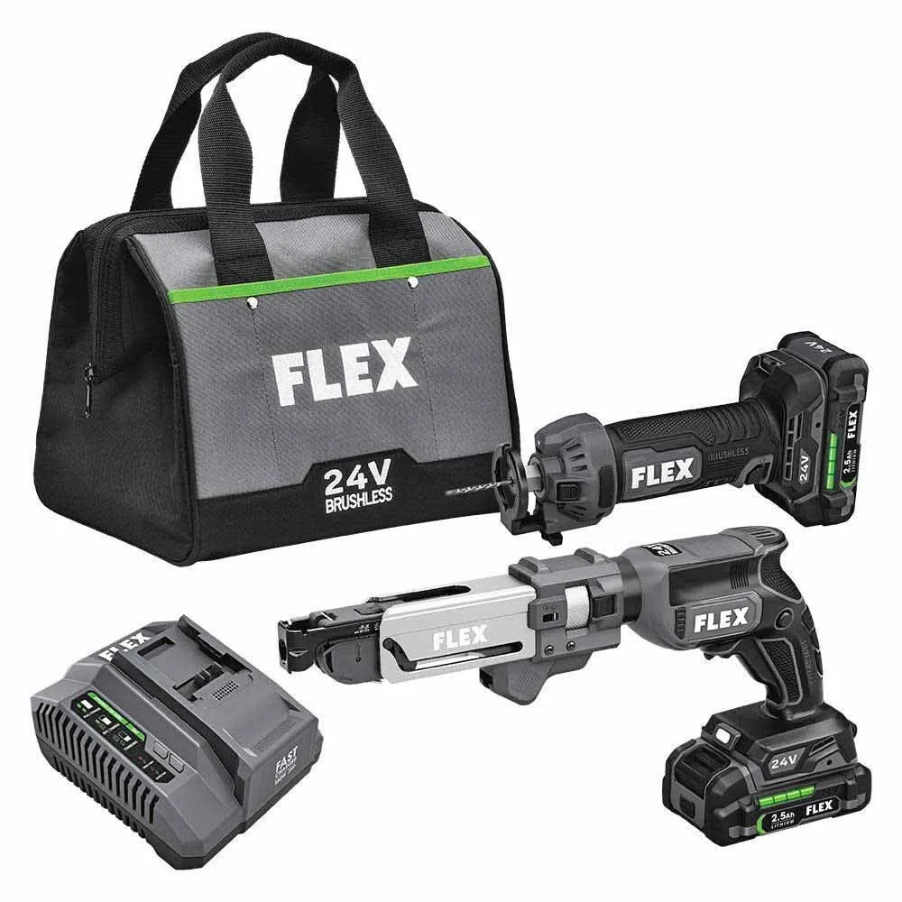 Flex FXM203-2A 24V Brushless 2 Tool Combo Kit  Drywall Screw Gun with magazine and Cut Out Tool