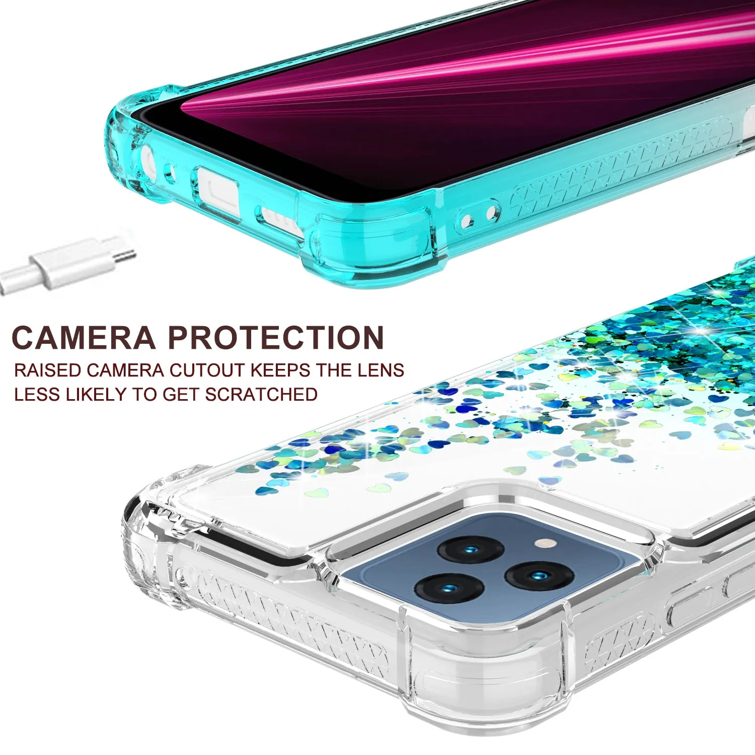 For T-Mobile REVVL 6 5G Case Liquid Glitter Phone Case Waterfall Floating Quicksand Bling Sparkle Cute Protective Girls Women Cover for T-Mobile REVVL 6 5G W/Temper Glass - (Clear/Teal Gradient)