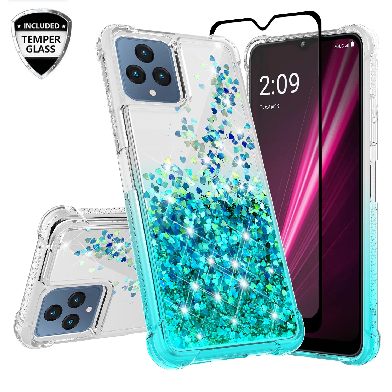 For T-Mobile REVVL 6 5G Case Liquid Glitter Phone Case Waterfall Floating Quicksand Bling Sparkle Cute Protective Girls Women Cover for T-Mobile REVVL 6 5G W/Temper Glass - (Clear/Teal Gradient)