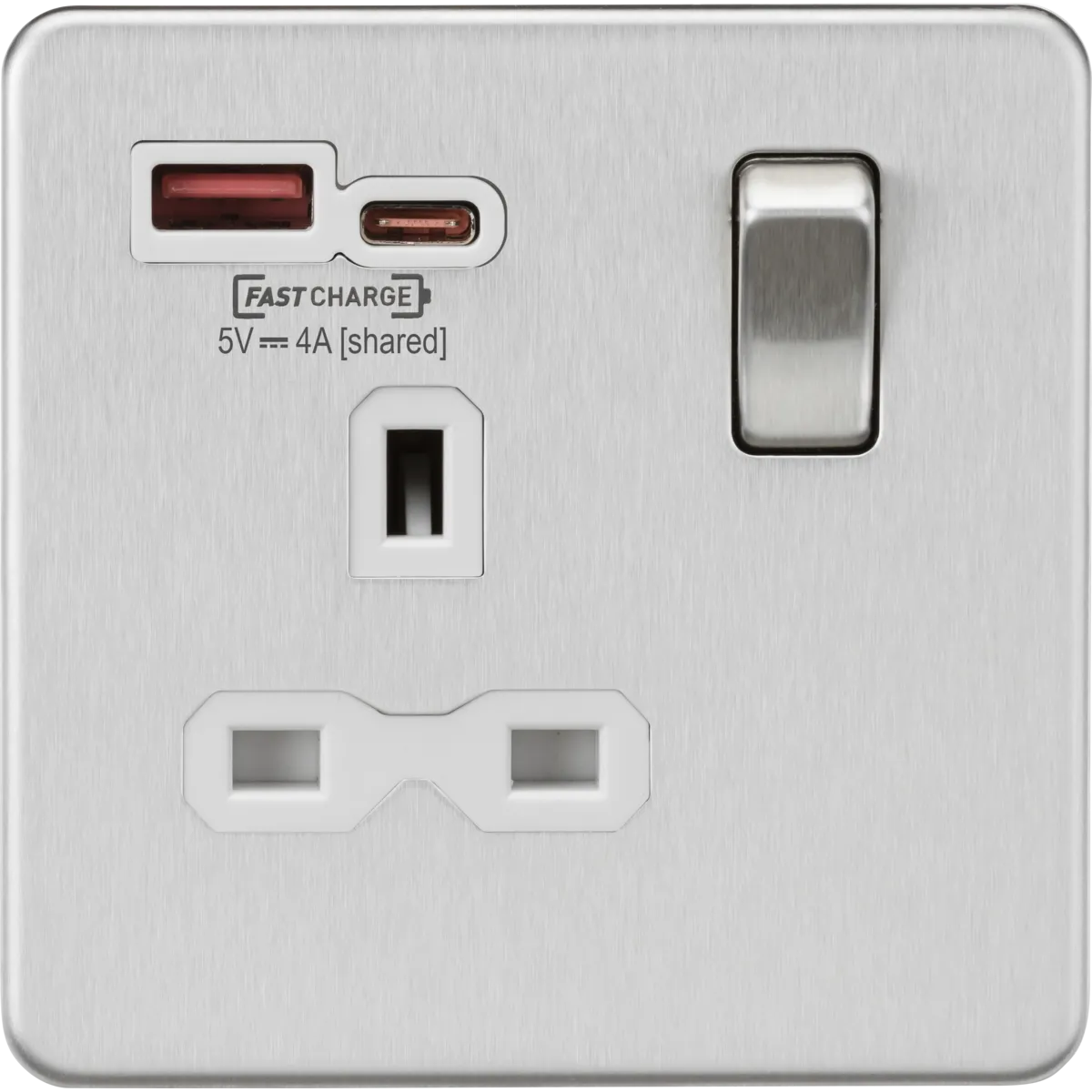 Knightsbridge Screwless 13A 1 Gang Switched Socket Dual USB A C Brushed Chrome White Insert