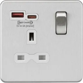 Knightsbridge Screwless 13A 1 Gang Switched Socket Dual USB A C Brushed Chrome White Insert