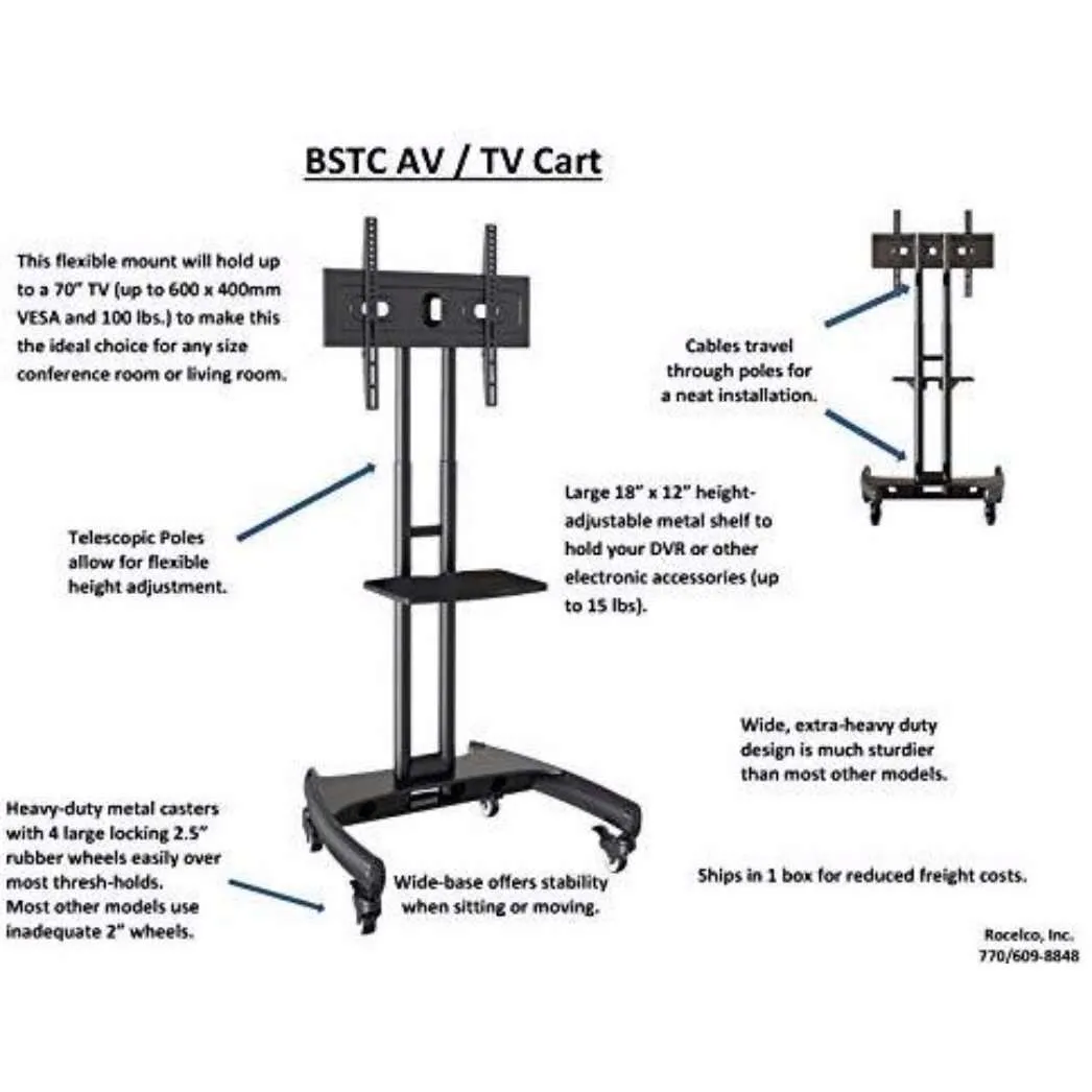 Lorell/Rocelco 32"-61" Mobile TV Cart for Flat Screens and Monitors with A/V shelf, R BSTC