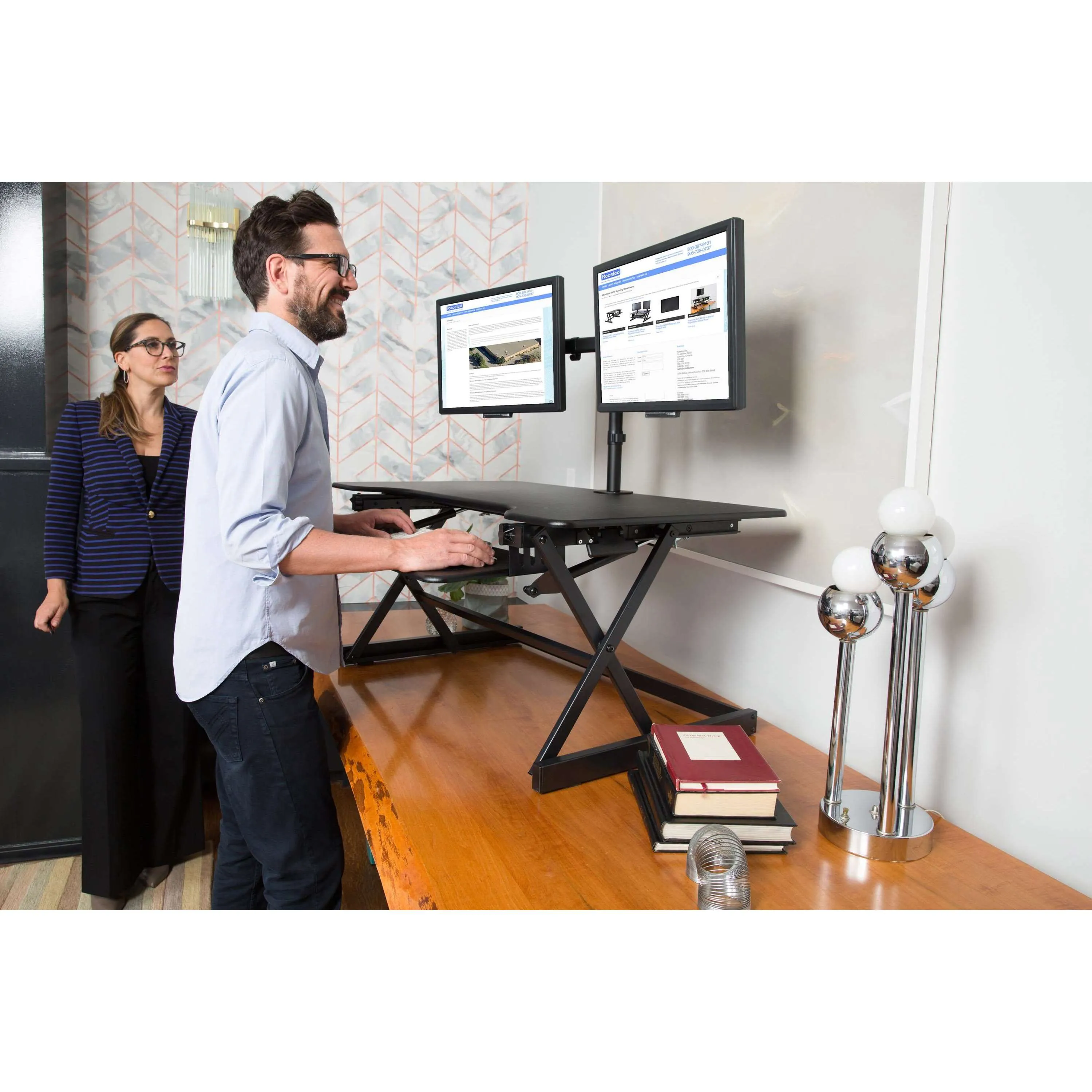 Lorell/Rocelco 40” Large Height-Adjustable Standing Desk Converter with Dual Monitor Mount BUNDLE, R DADRB-40-DM2,R DADRT-40-DM2