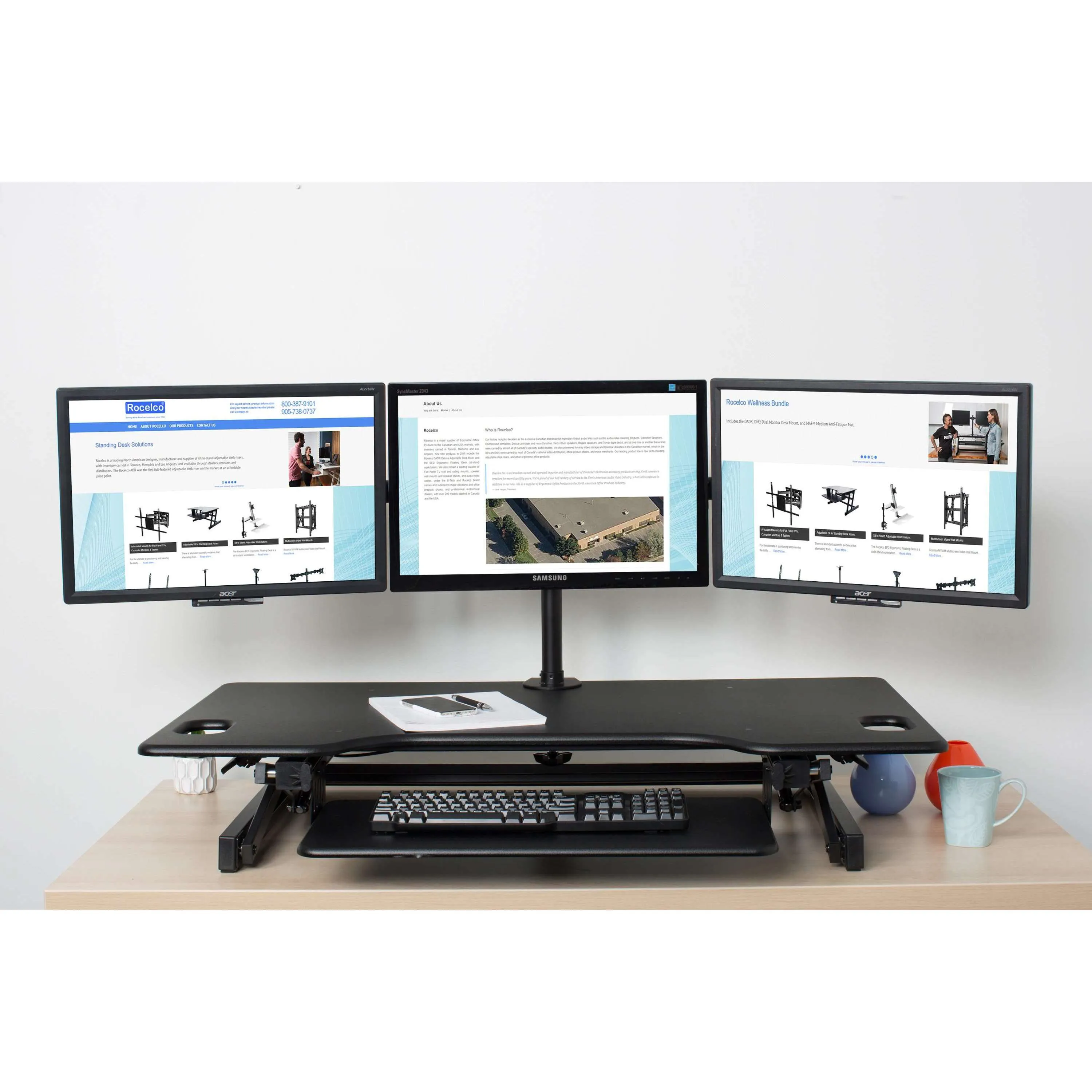 Lorell/Rocelco 46” Large Height Adjustable Standing Desk Converter w/ Triple Monitor Mount & Retractable Keyboard Tray, R DADRB-46-DM3