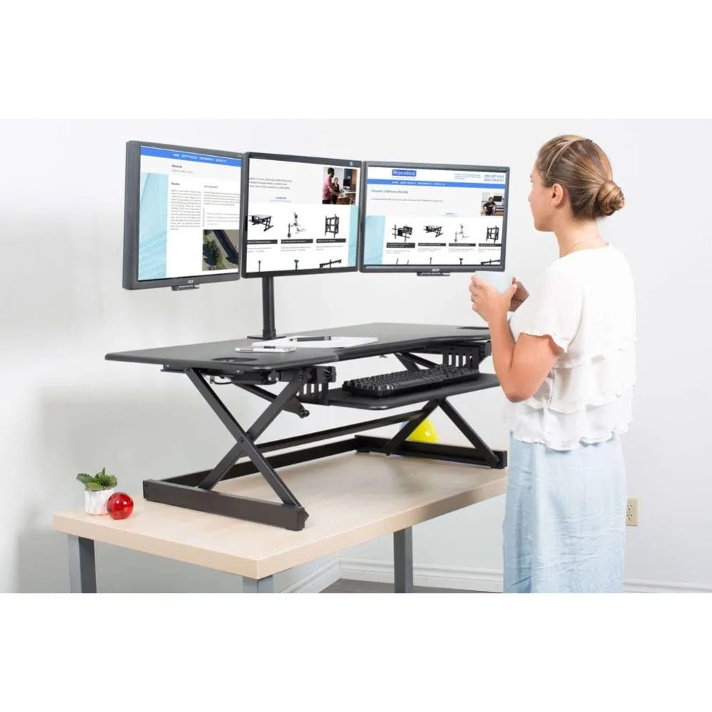 Lorell/Rocelco 46” Large Height Adjustable Standing Desk Converter w/ Triple Monitor Mount & Retractable Keyboard Tray, R DADRB-46-DM3