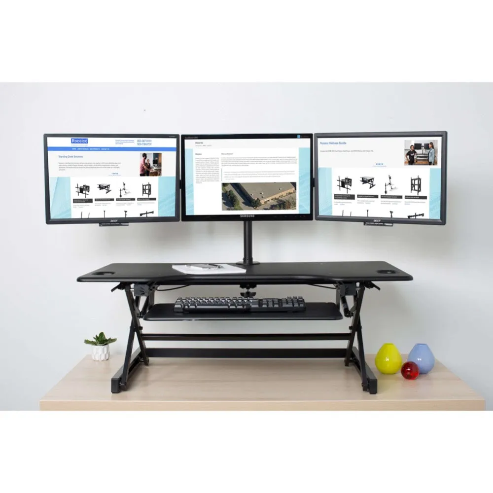 Lorell/Rocelco 46” Large Height Adjustable Standing Desk Converter w/ Triple Monitor Mount & Retractable Keyboard Tray, R DADRB-46-DM3