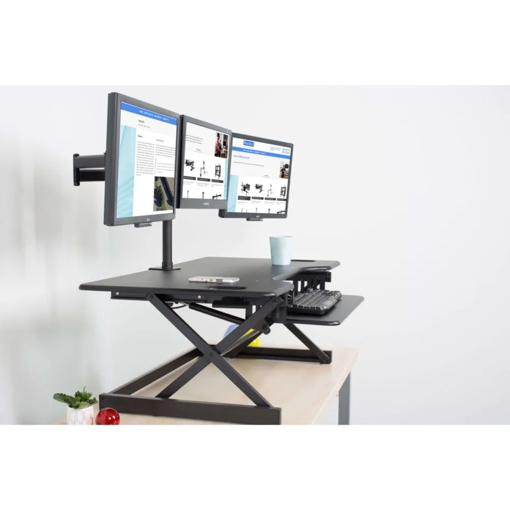 Lorell/Rocelco 46” Large Height Adjustable Standing Desk Converter w/ Triple Monitor Mount & Retractable Keyboard Tray, R DADRB-46-DM3