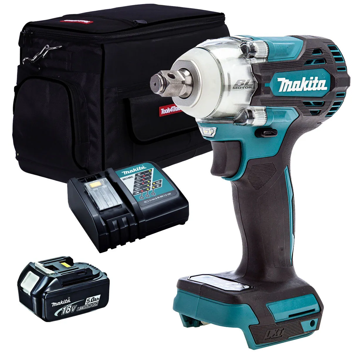 Makita DTW300Z 18V Brushless 1/2" Impact Wrench with 1 x 5.0Ah Battery Charger & Tool Bag