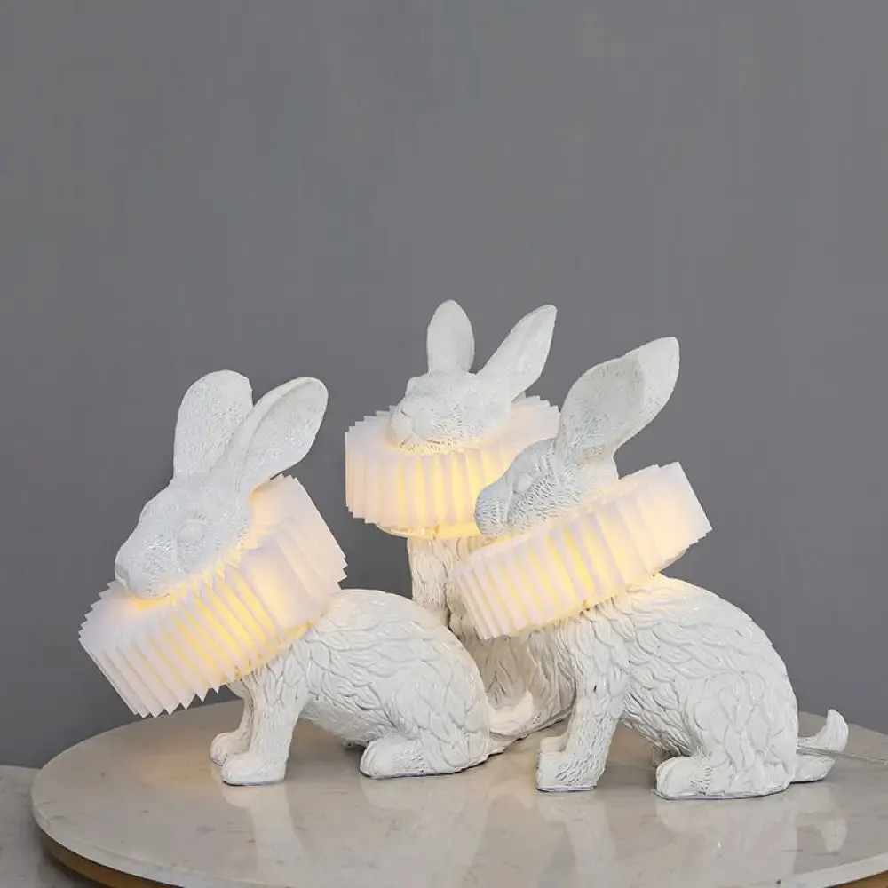 Modern LED Rabbit Shaped Bedside Table Lamp in White Resin