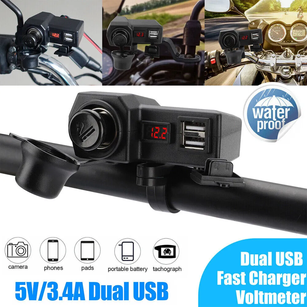 Motorcycle Handlebar Waterproof Dual USB Phone Charger Cigarette Lighter Socket