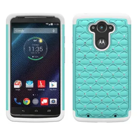 Motorola Droid Turbo | Motorola Moto Maxx | Motorola XT1254 Rhinestone Case , Slim Hybrid Dual Layer[Shock Resistant] Crystal Rhinestone Studded Case Cover - Baby Teal/White