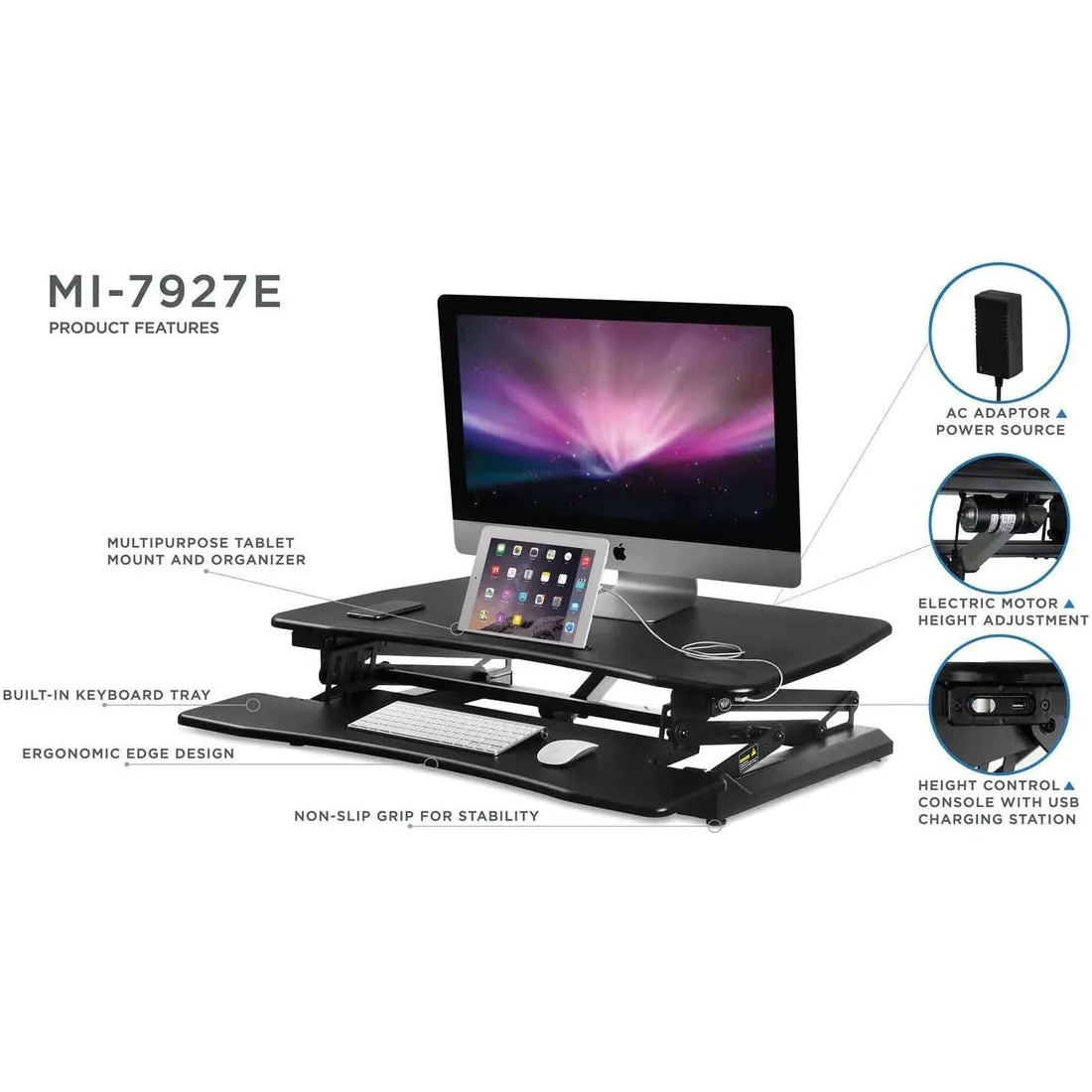 Mount-It! Electric Standing Desk Converter, Motorized w/ Built-in USB Port, Ergonomic Height-Adjustable Workstation, MI-7927E