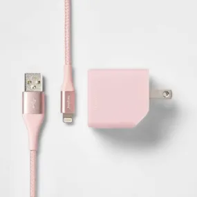 New - heyday 2-Port Wall Charger 15W USB-C & 5W USB-A (with 6' Lightning to USB-A Cable) - Pink/Rose Gold