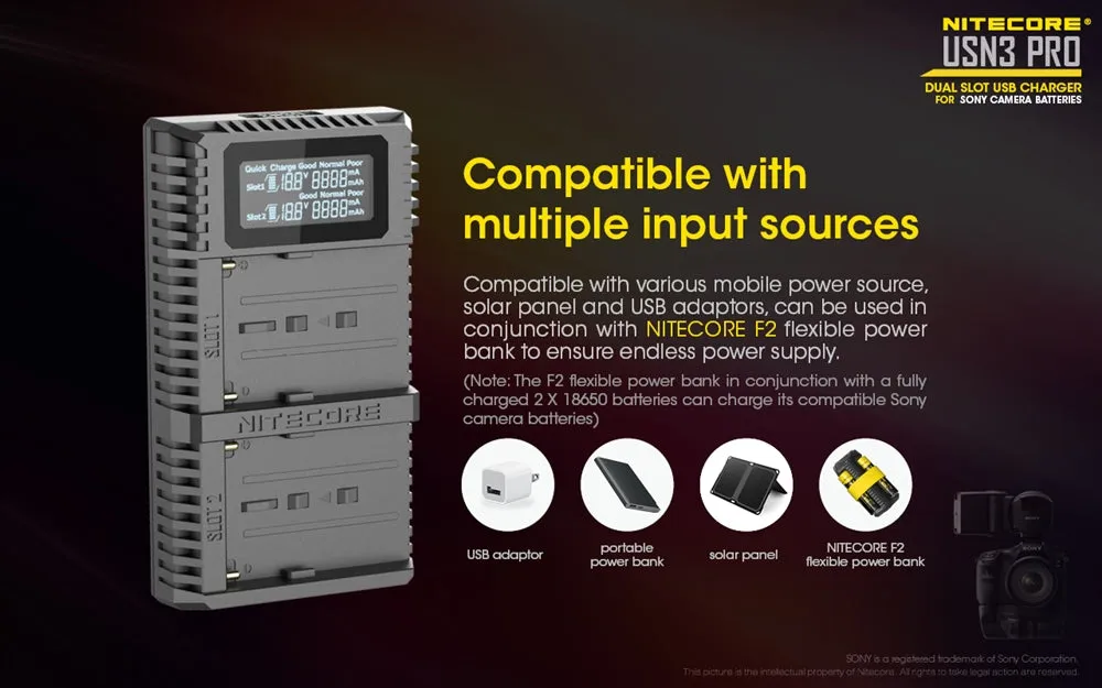 NITECORE USN3 Pro Dual-Slot Fast Digital USB Charger for Sony Camera Batteries