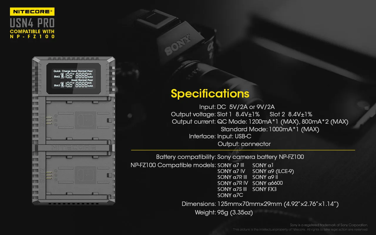 NITECORE USN4 Pro Digital QuickCharge 2.0 USB-C Battery Charger for Sony NP-FZ100 Batteries