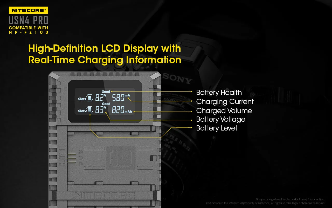 NITECORE USN4 Pro Digital QuickCharge 2.0 USB-C Battery Charger for Sony NP-FZ100 Batteries