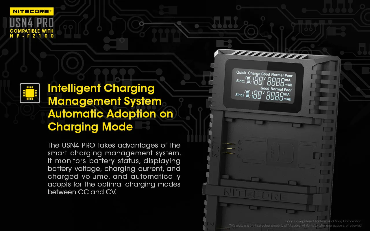 NITECORE USN4 Pro Digital QuickCharge 2.0 USB-C Battery Charger for Sony NP-FZ100 Batteries