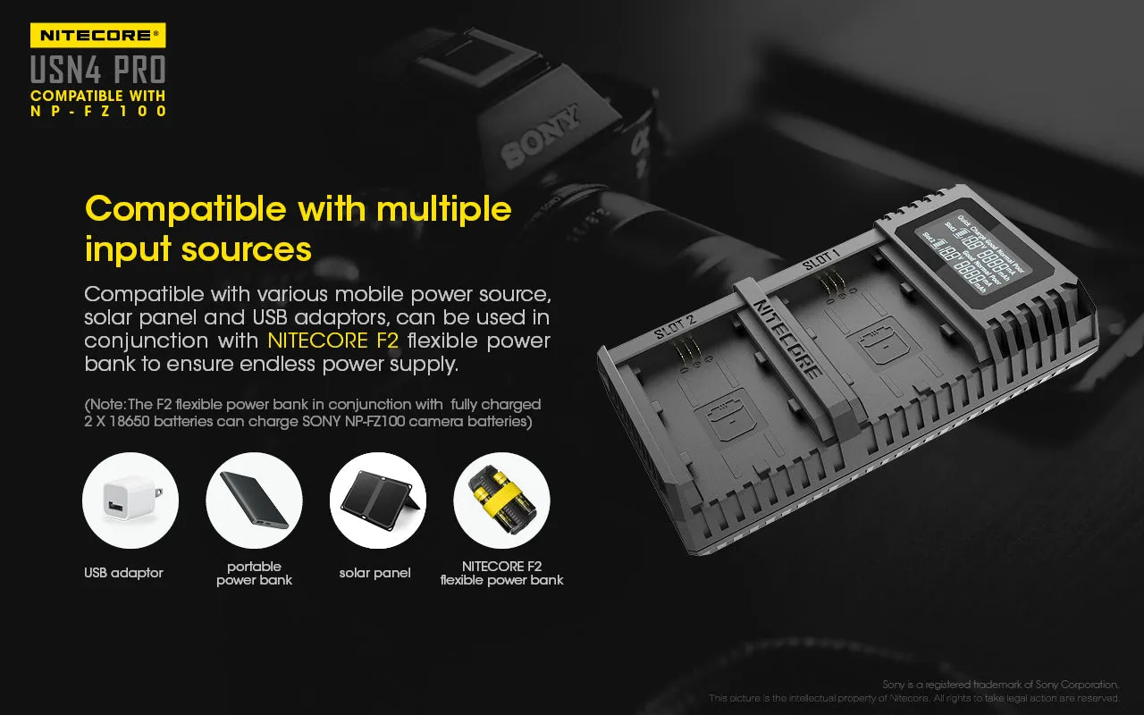 NITECORE USN4 Pro Digital QuickCharge 2.0 USB-C Battery Charger for Sony NP-FZ100 Batteries