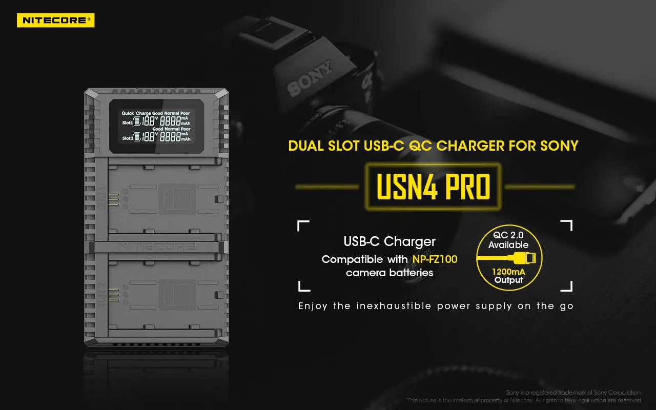 NITECORE USN4 Pro Digital QuickCharge 2.0 USB-C Battery Charger for Sony NP-FZ100 Batteries