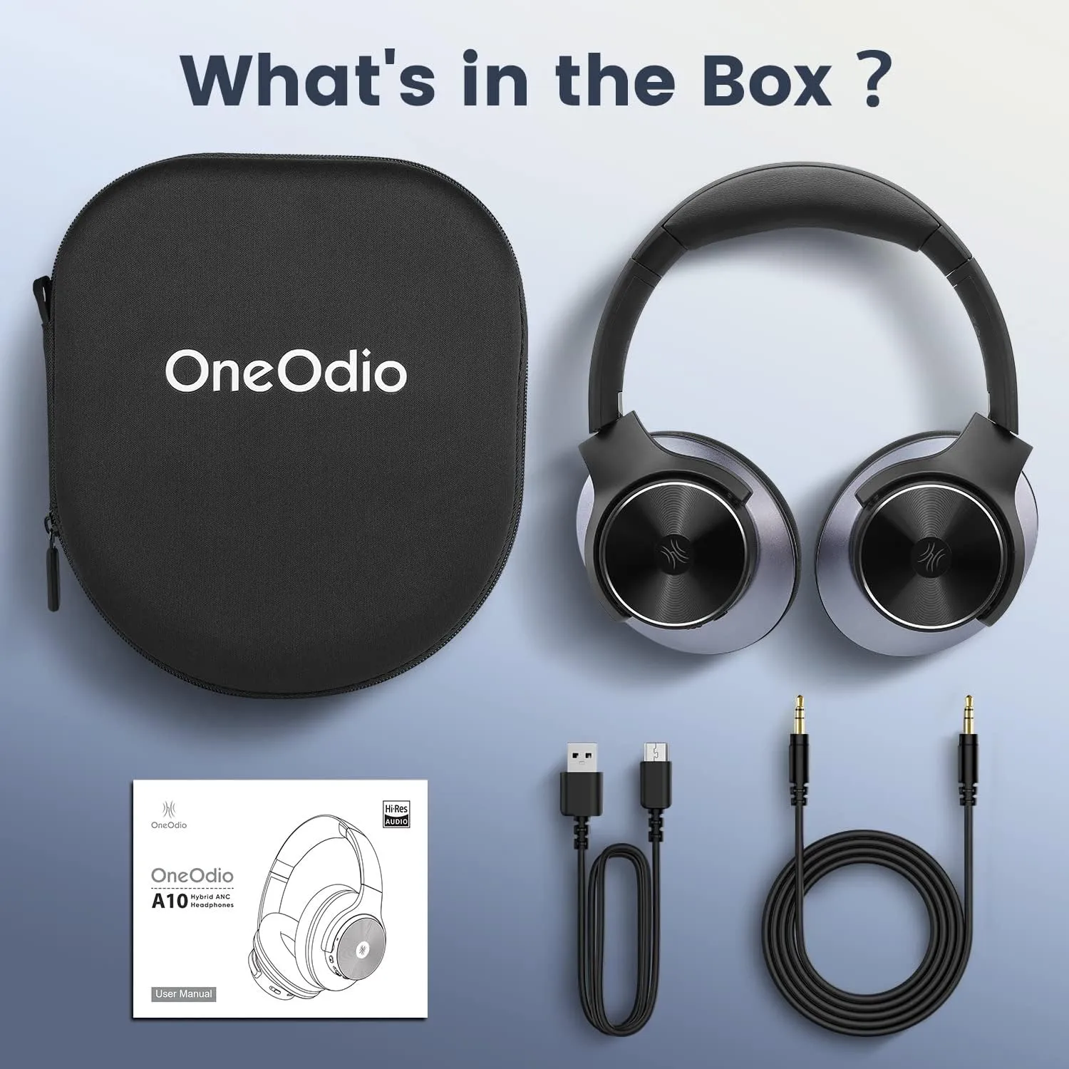 OneOdio Hybrid Active Noise Cancelling Headphones - 62H Battery, Hi-Res Audio, Transparency Mode, Wireless/Wired, Built-in Mic - For Travel