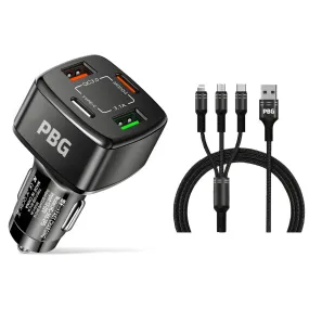 PBG 4 Port Car Charger and 4FT - 3 in 1 Nylon Cable Combo Black