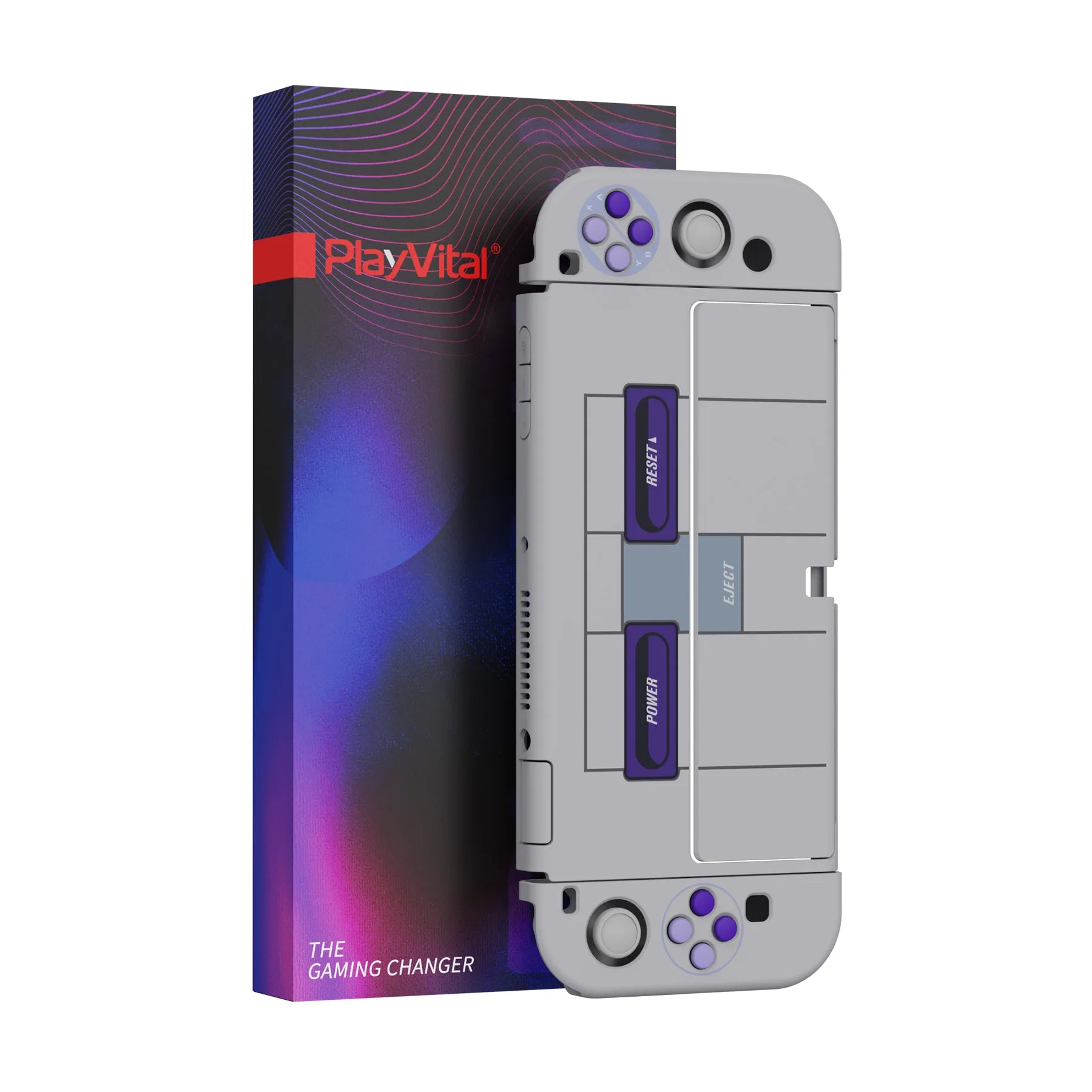 PlayVital AlterGrips Protective Slim Case for Nintendo Switch OLED, Ergonomic Grip Cover for Joycon, Dockable Hard Shell for Switch OLED with Thumb Grip Caps & Button Caps - Classics SNES Style - JSOYY7003