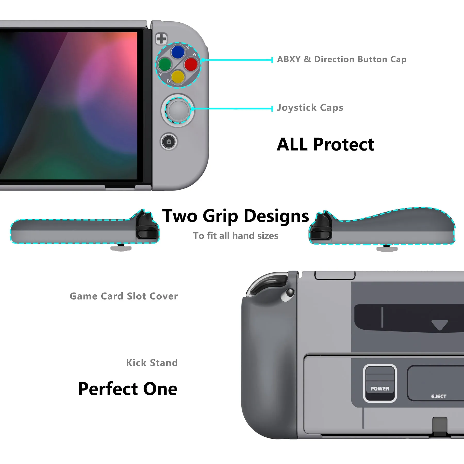 PlayVital AlterGrips Protective Slim Case for Nintendo Switch OLED, Ergonomic Grip Cover for Joycon, Dockable Hard Shell for Switch OLED with Thumb Grip Caps & Button Caps - SFC SNES Classic EU Style - JSOYY7001