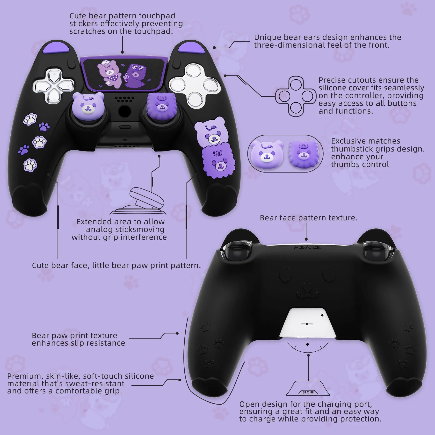 PlayVital Cute Bear Controller Silicone Case for ps5, Kawaii Controller Cover Compatible with Charging Station, Gamepad Skin Protector for ps5 with Touch Pad Sticker & Thumb Grips - Black & Purple - UYBPFP005