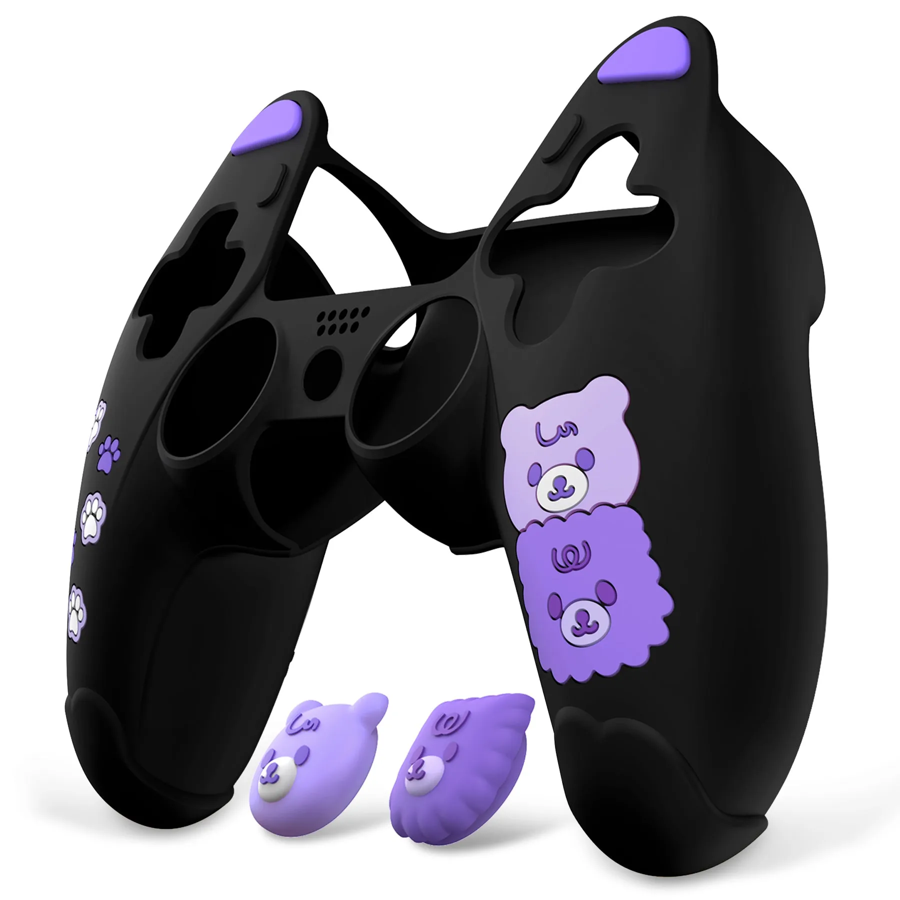 PlayVital Cute Bear Controller Silicone Case for ps5, Kawaii Controller Cover Compatible with Charging Station, Gamepad Skin Protector for ps5 with Touch Pad Sticker & Thumb Grips - Black & Purple - UYBPFP005