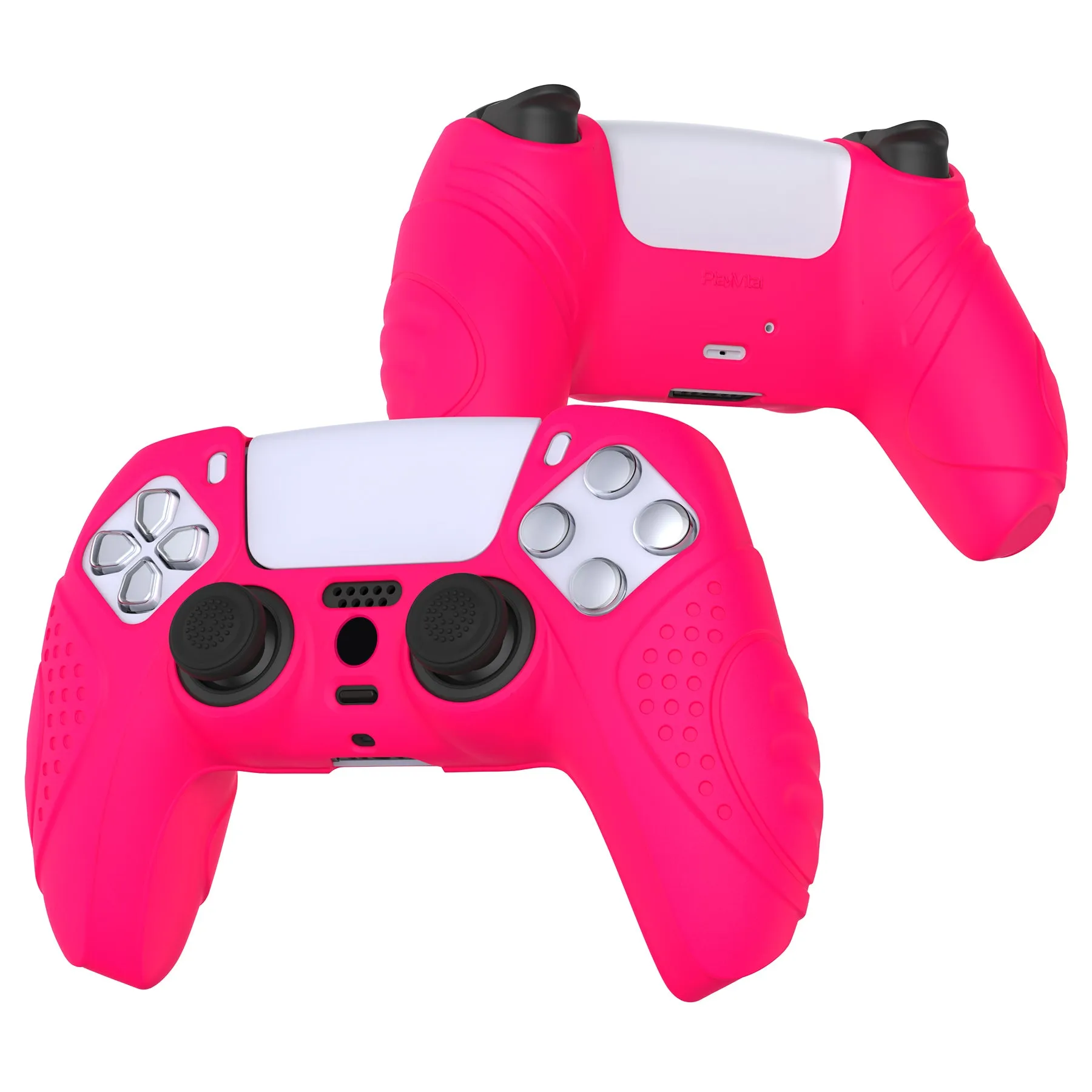 PlayVital Guardian Edition Bright Pink Ergonomic Soft Anti-slip Controller Silicone Case Cover, Rubber Protector Skins with Black Joystick Caps for PS5 Controller - YHPF023