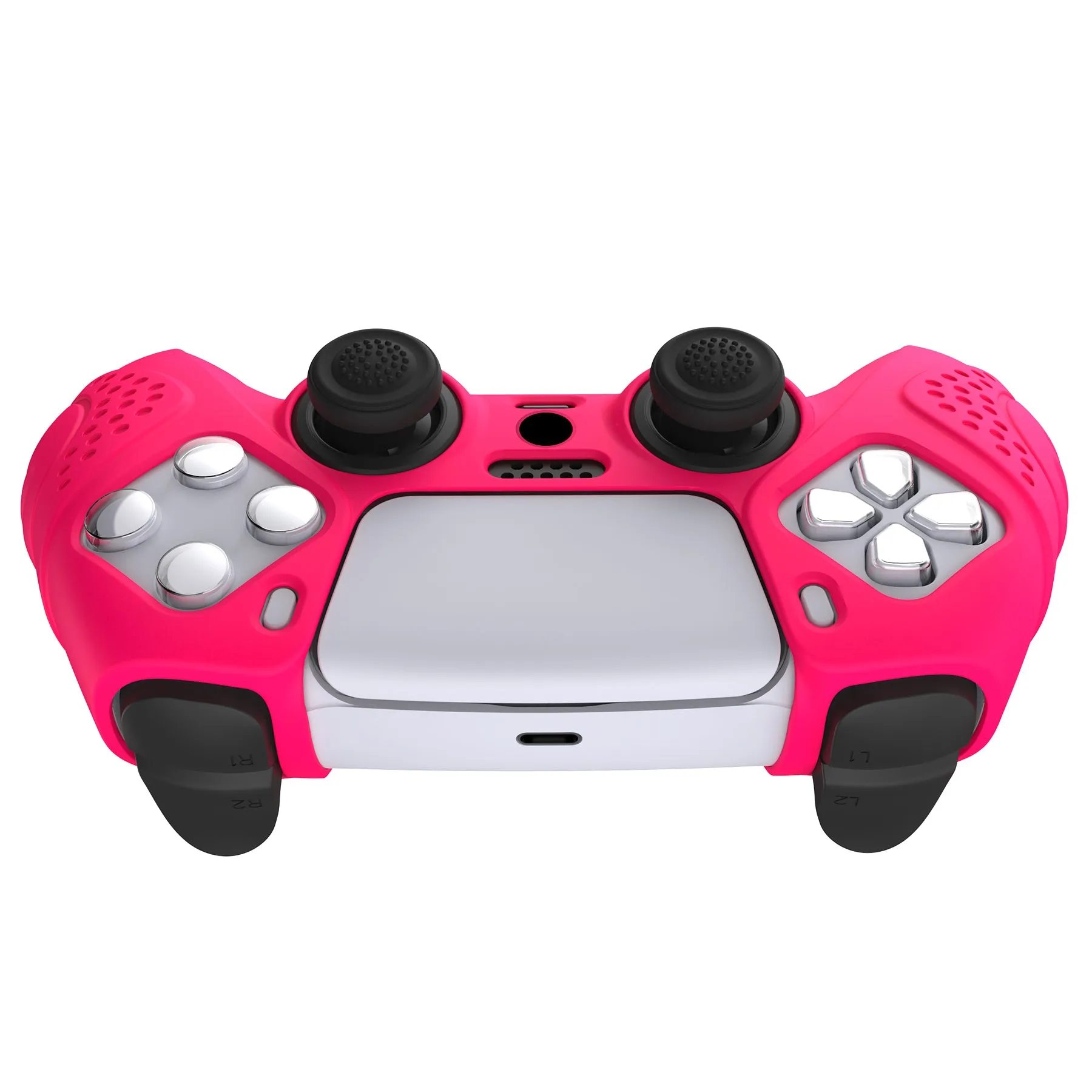 PlayVital Guardian Edition Bright Pink Ergonomic Soft Anti-slip Controller Silicone Case Cover, Rubber Protector Skins with Black Joystick Caps for PS5 Controller - YHPF023