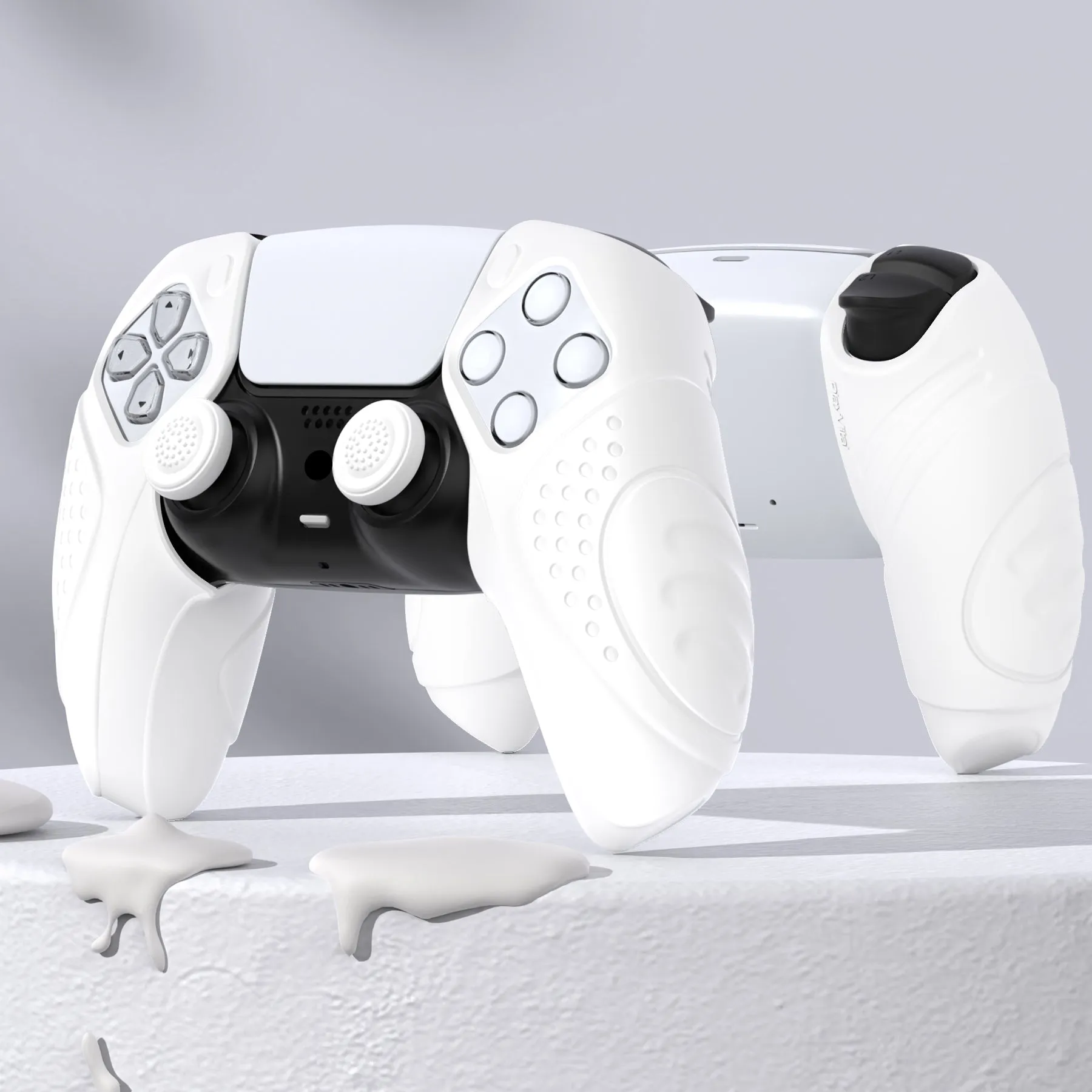 PlayVital Guardian Edition White Ergonomic Soft Controller Silicone Case Grips for PS5, Rubber Protector Skins with Thumbstick Caps for PS5 Controller – Compatible with Charging Station - YHPF027