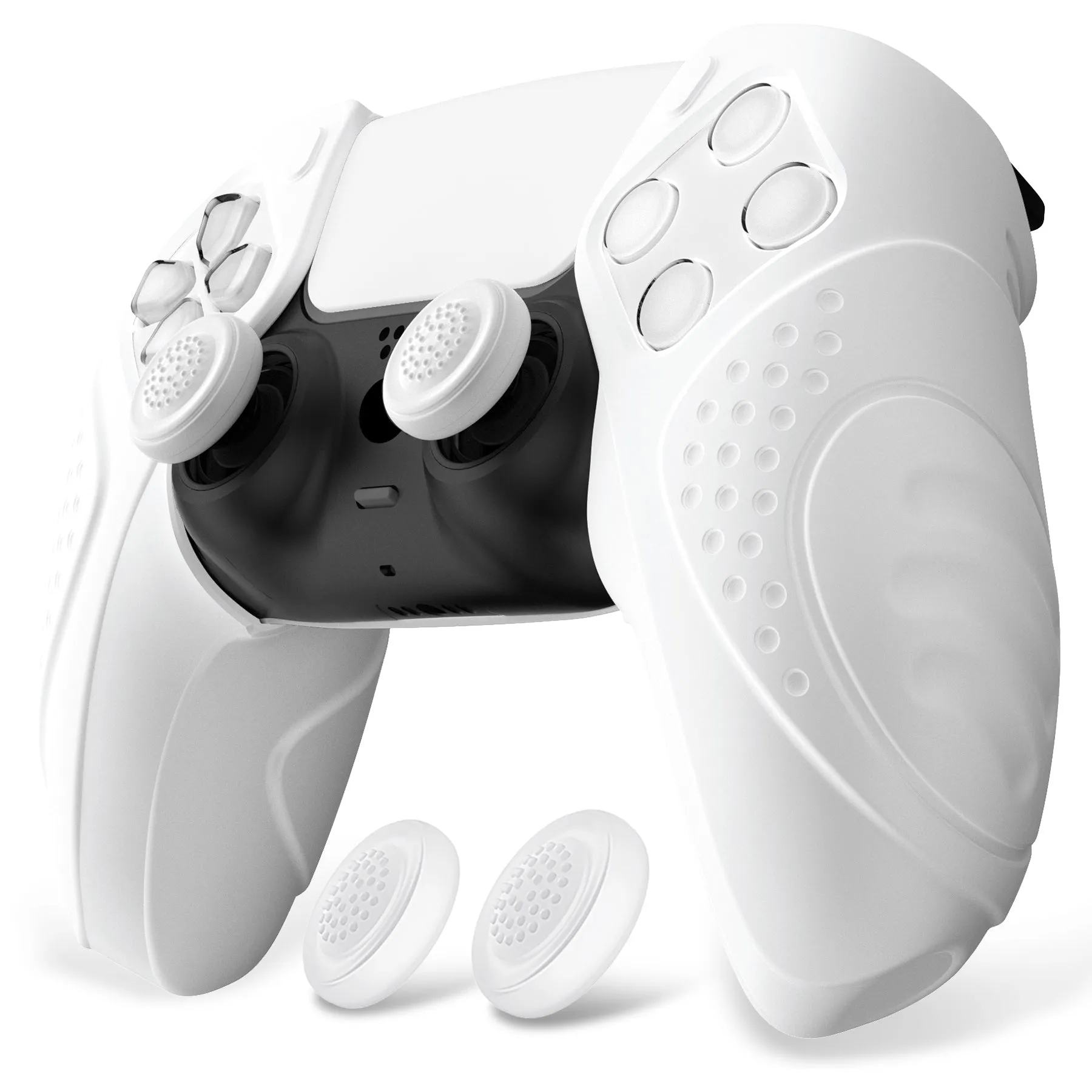 PlayVital Guardian Edition White Ergonomic Soft Controller Silicone Case Grips for PS5, Rubber Protector Skins with Thumbstick Caps for PS5 Controller – Compatible with Charging Station - YHPF027