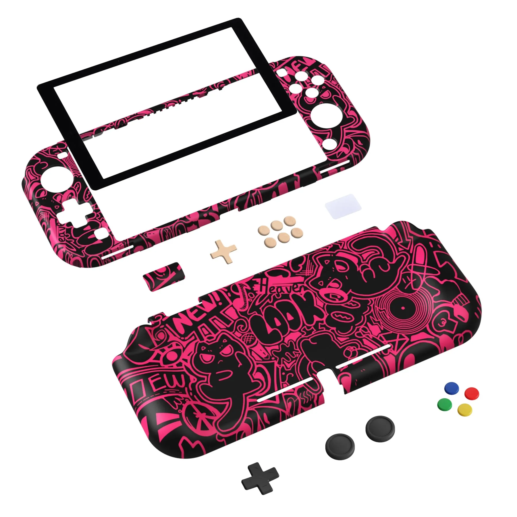 PlayVital ZealProtect Protective Case for Nintendo Switch Lite, Hard Shell Ergonomic Grip Cover for Switch Lite w/Screen Protector & Thumb Grip Caps & Button Caps - VV & Bright Pink - PSLYR017