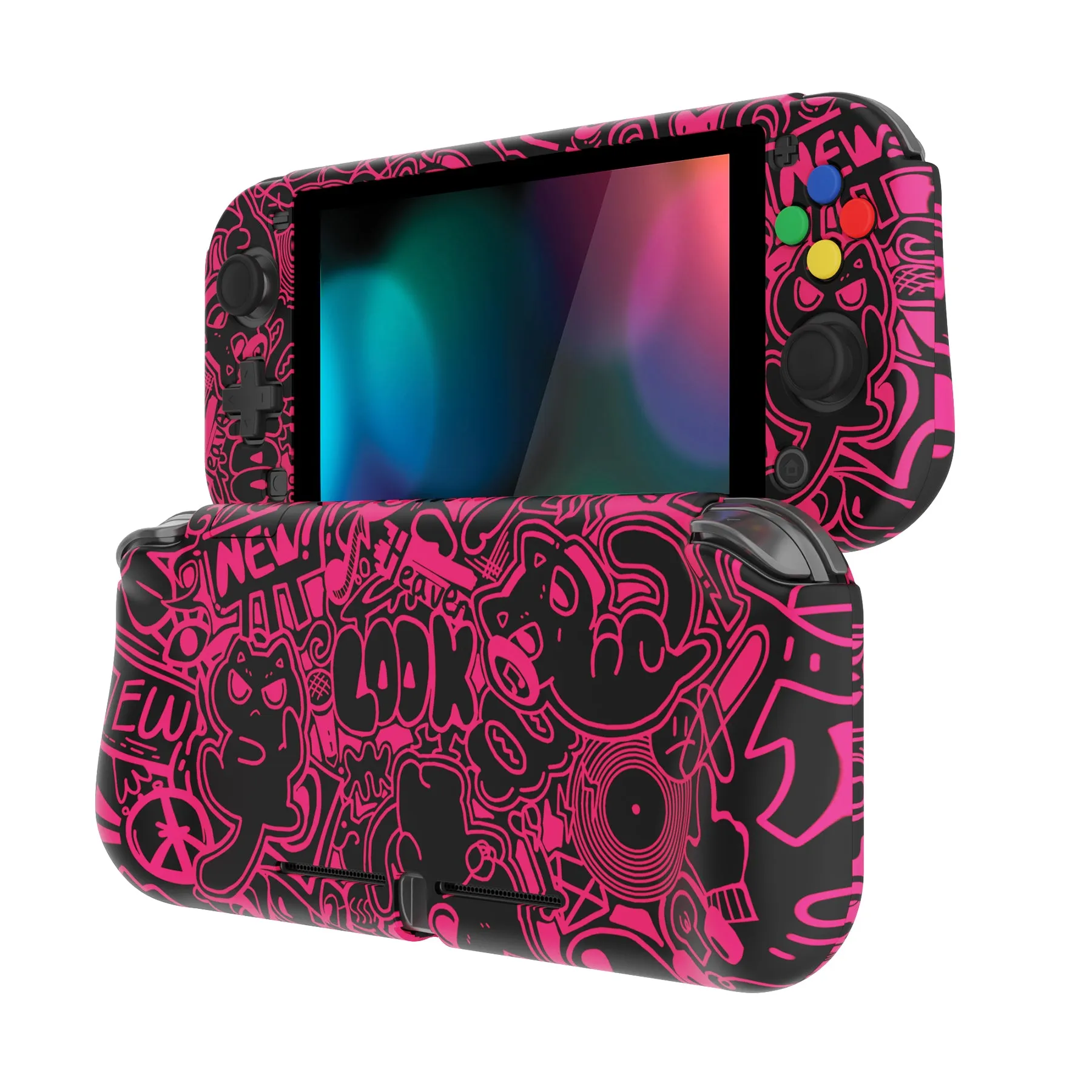 PlayVital ZealProtect Protective Case for Nintendo Switch Lite, Hard Shell Ergonomic Grip Cover for Switch Lite w/Screen Protector & Thumb Grip Caps & Button Caps - VV & Bright Pink - PSLYR017