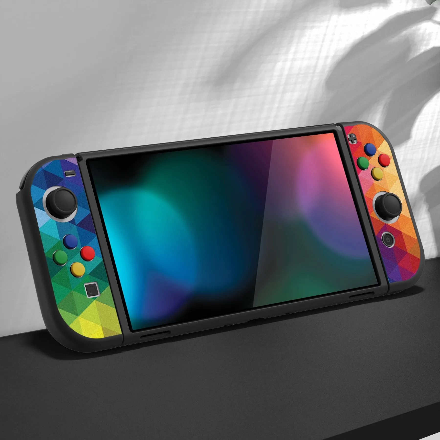 PlayVital ZealProtect Soft Protective Case for Nintendo Switch OLED, Flexible Protector Joycon Grip Cover for Nintendo Switch OLED with Thumb Grip Caps & ABXY Direction Button Caps - Colorful Triangle - XSOYV6005