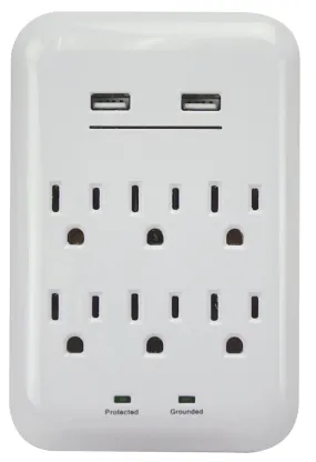 PowerZone ORUSB346S USB Charger with Surge Protection, 2-Pole, 125 V, 15 A, 6-Outlet, 1200 Joules Energy, White :CD 1: QUANTITY: 1