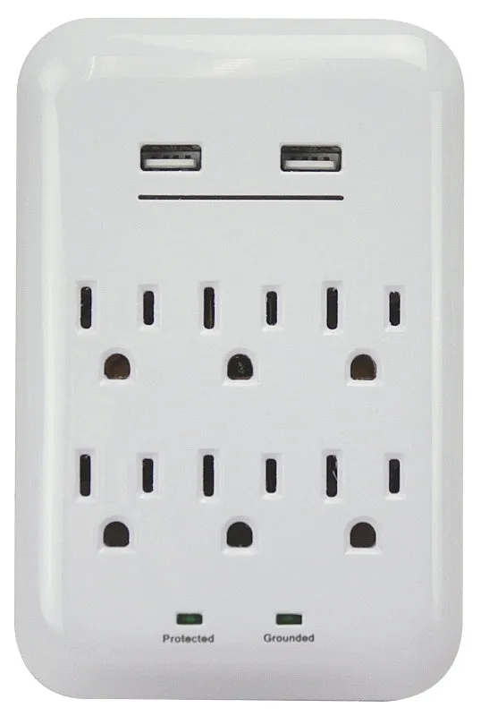 PowerZone ORUSB346S USB Charger with Surge Protection, 2-Pole, 125 V, 15 A, 6-Outlet, 1200 Joules Energy, White :CD 1: QUANTITY: 1