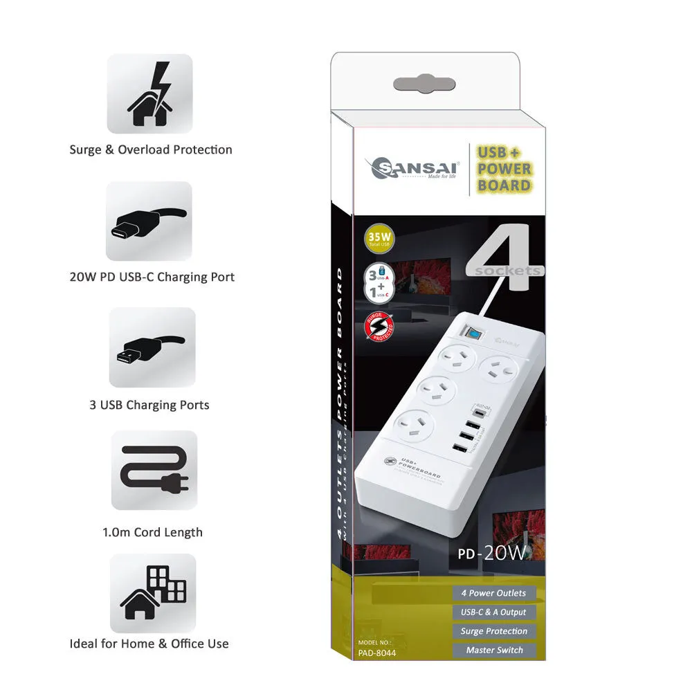 Sansai 4 Sockets USB-A/USB-C Powerboard