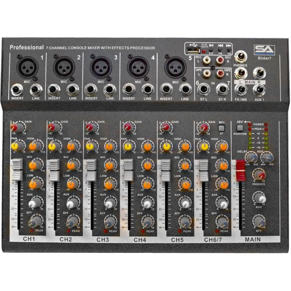 Slider7-BT- 7 Channel Mixer Console with USB and Bluetooth Streaming